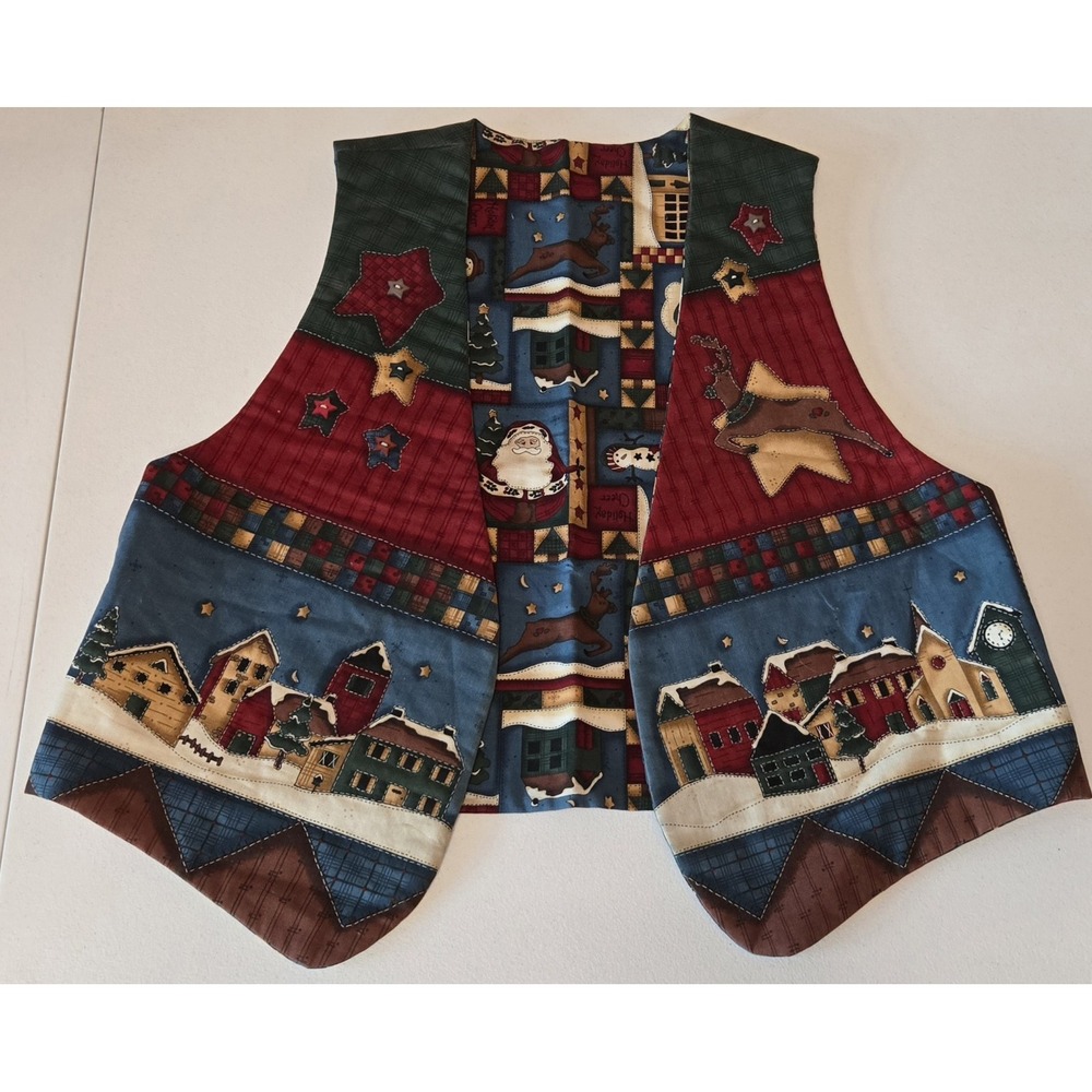 Vtg Handmade Reversible Quilted Christmas Vest Santa Reindeer Snowman Teacher XL